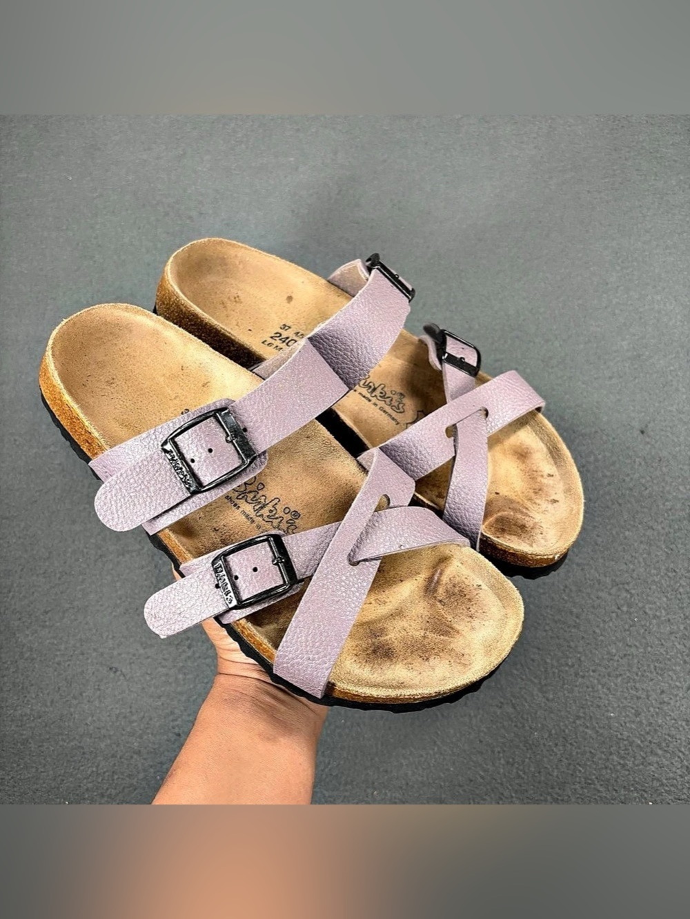 Birkis Women's Purple Leather Cork Slide Sandals Adjustable Buckle EU 37